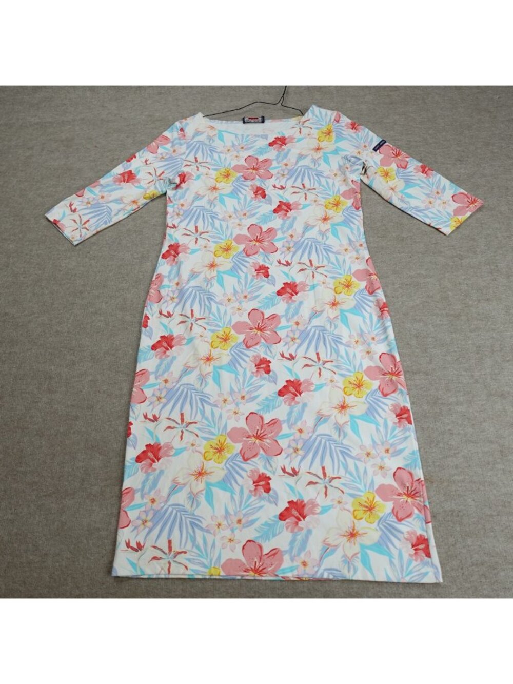 Saint James Womens Dress 6 White Blue Floral 3/4 Sleeve Bodycon Made in France